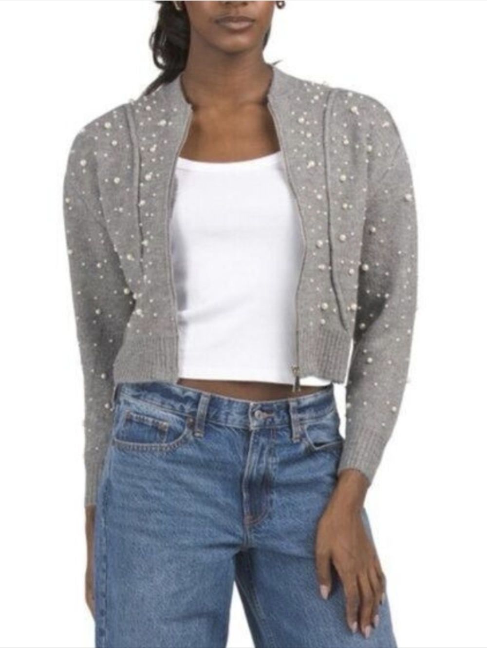 Jason Wu Gray Pearl-Embellished Cropped Cardigan